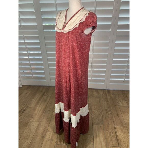 VTG 70s Lola Jrs. Hawaii Red Floral Hippie Chic Prairie Maxi Dress Eyelet Small - Picture 5 of 12